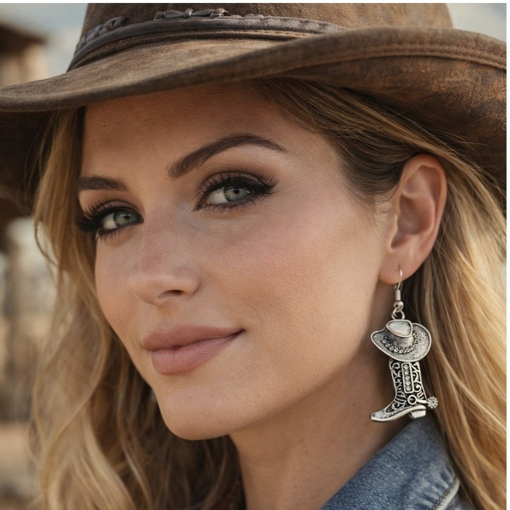 Cowgirl Boot and Hat Earrings Western Style Jewelry Silver Tone Dangle NEW